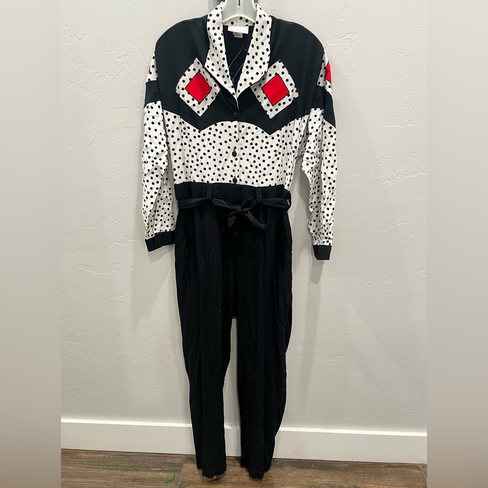 Jordana Black and White Polka Dot Jumpsuit with Red Accents